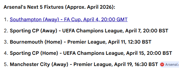 arsenal next five fixtures